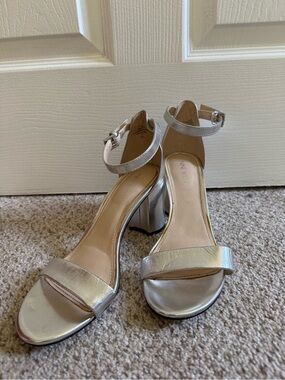 Nine West Metallic Silver Ankle-Strap Block Heels